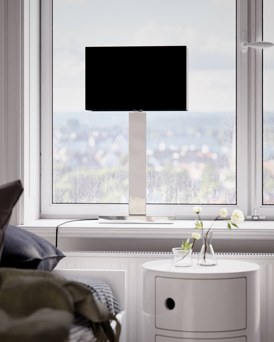 Prime 70cm Krom bordslampa från By Rydéns - Utforska m&ouml;jligheterna med Prime bordslampa i metall och tygsk&auml;rm, och l&aring;t dess eleganta design och varma belysning f&ouml;rh&ouml;ja ditt stora f&ouml;nster och skapa en inbjudande atmosf&auml;r i ditt hem.