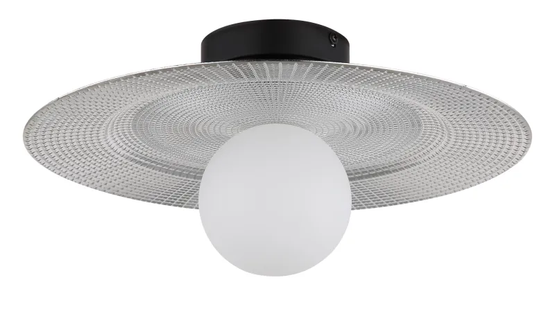 Riga Ø33 Silver plafond från Globo Lighting - Lampan &auml;r tillverkad av mattsvart metall och den platta sk&auml;rmen i plast med nyanser av svart, silver och opal ger den en modern och sofistikerad design.