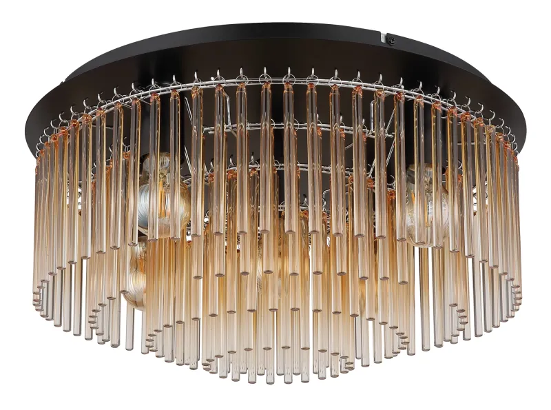 Gorley Ø50 Amber plafond från Globo Lighting - Dess design imponerar med en stilfull kombination av mattsvart metall och dekorativa stavar i klart och amberf&auml;rgat glas.