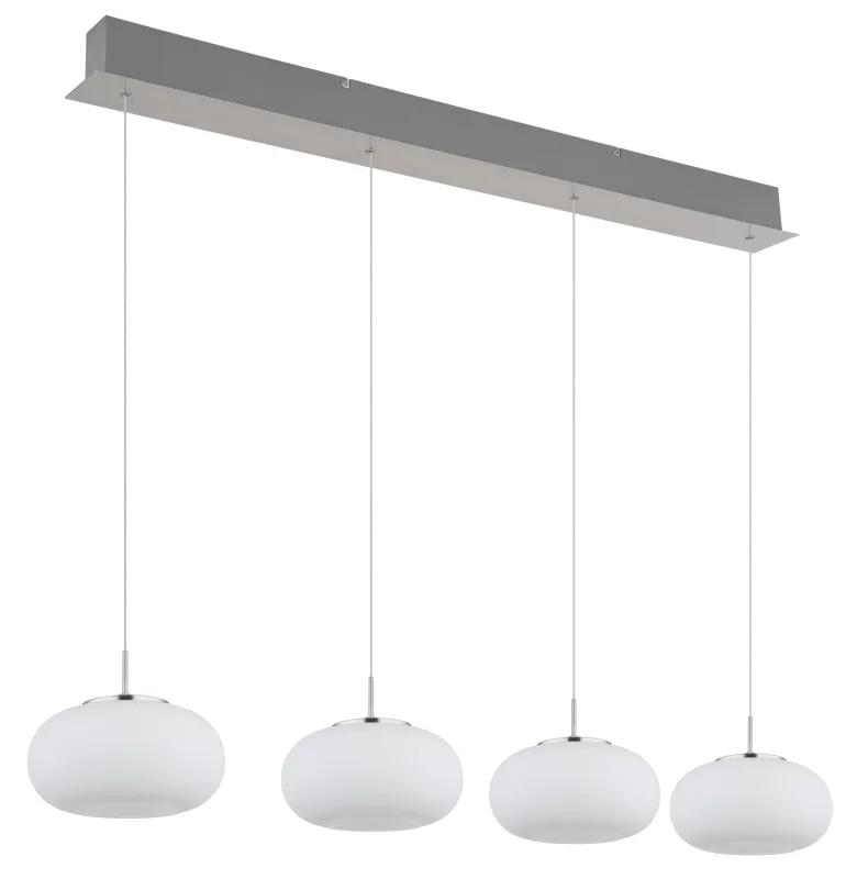 Quintara 110cm Nickel taklampa från Globo Lighting - Quintara&nbsp;&auml;r en stilren och modern takpendel med en rak metallram och fyra runda, sf&auml;riska glaskupor.