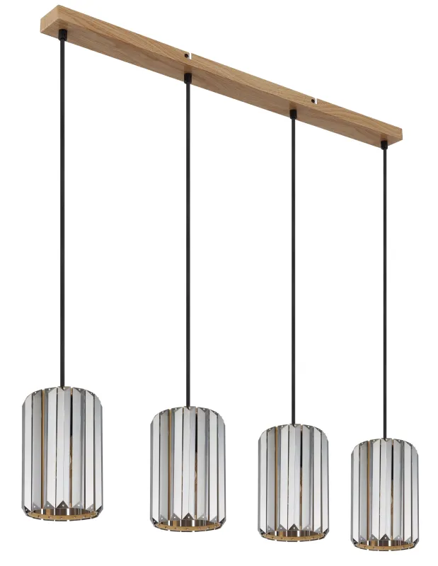 Run 88cm Rökfärgad taklampa från Globo Lighting - Kombinationen av metall i tr&auml;utseende och de fyra sk&auml;rmarna med r&ouml;kf&auml;rgade K5-kristaller ger en harmonisk ljusspridning och en sofistikerad k&auml;nsla.
