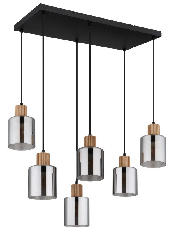 Aleidis 67cm Rökfärgad taklampa från Globo Lighting - Sex dekorativa glaskupor med tr&auml;detaljer h&auml;nger fr&aring;n en mattsvart metallstomme, vilket skapar en harmonisk balans mellan modern och rustik estetik.