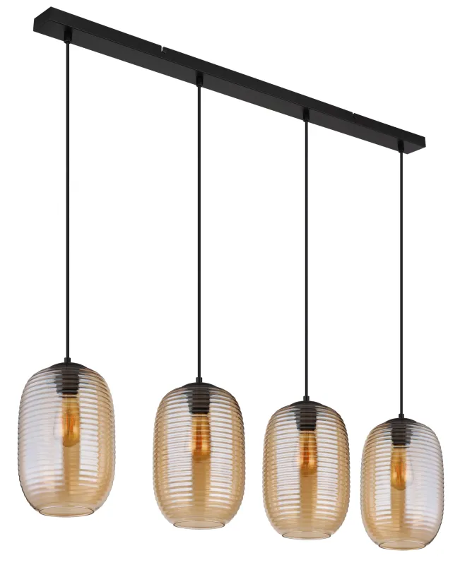 Jefrey 110cm Amber taklampa från Globo Lighting - Denna eleganta taklampa har en avl&aring;ng form och &auml;r utrustad med fyra rundade glaskupor i varm b&auml;rnstensf&auml;rg.