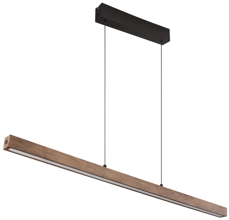 Olivus 115cm Natur taklampa från Globo Lighting - Olivus &auml;r en stilren takpendel i elegant, avl&aring;ng form som kombinerar svart metall med m&ouml;rkbrunt tr&auml; och opalplast f&ouml;r en modern och sofistikerad design.