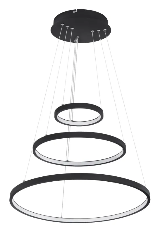 Ralph Ø50 Svart taklampa från Globo Lighting - Designad med tre ringar och en h&ouml;jd p&aring; 120 cm, ger den ett unikt och stilrent uttryck.