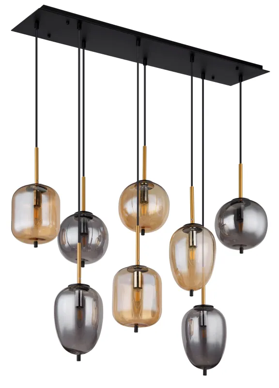 Blacky 102cm Amber taklampa från Globo Lighting - De &aring;tta r&ouml;k- och amberf&auml;rgade glasgloberna i olika former h&auml;nger fr&aring;n en svart, rektangul&auml;r takplatta och kan justeras upp till 120 cm fr&aring;n taket.