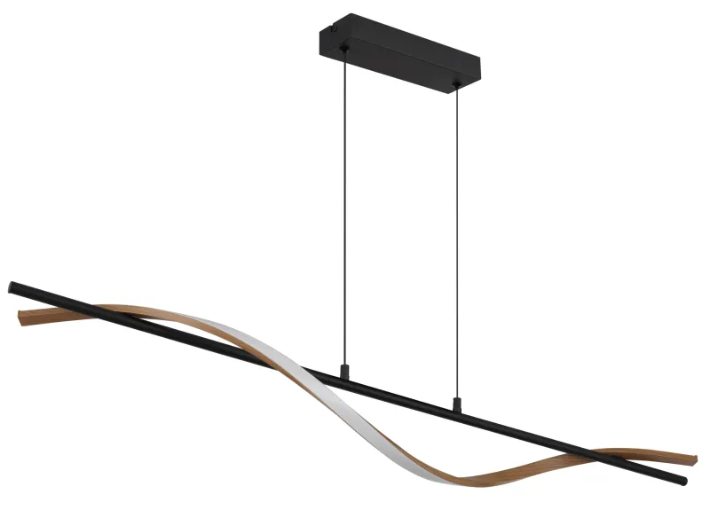 Watkins 115cm Svart taklampa från Globo Lighting - Den raka st&aring;ngen i mattsvart metall utstr&aring;lar enkel elegans, medan aluminium med m&ouml;rk tr&auml;look och den opalf&auml;rgade plastsk&auml;rmen skapar en harmonisk kontrast.