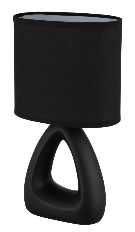 Triangle 30cm Svart bordslampa från Globo Lighting - Den triangelformade basen med ett stilrent utskuret h&aring;l ger ett modernt intryck, medan den ovala textilsk&auml;rmen i svart f&auml;rg sprider ett behagligt och j&auml;mnt ljus.