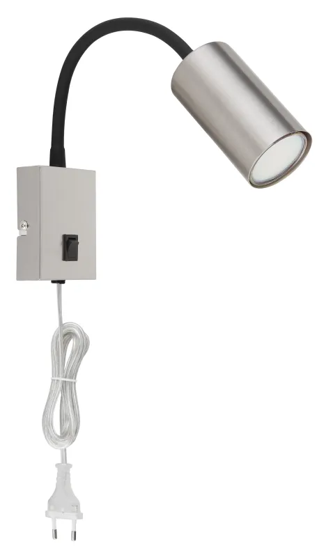 Robby Nickel läslampa från Globo Lighting - Robby &auml;r en klassisk, kompakt v&auml;gglampa tillverkad i svart plast och matt nickelmetall, vilket ger en stilren och modern look.