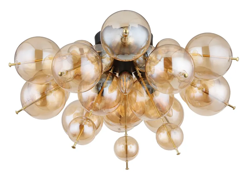 Udo Ø55 Amber plafond från Globo Lighting - Dess unika design utm&auml;rks av en rund form d&auml;r guldf&auml;rgade metallstavar elegant sammanl&auml;nkas med varmt b&auml;rnstensf&auml;rgade glasklot i olika storlekar.