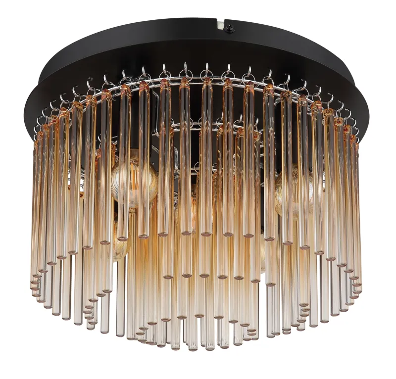 Gorley Ø32 Amber plafond från Globo Lighting - Dess design imponerar med en stilfull kombination av mattsvart metall och dekorativa stavar i klart och amberf&auml;rgat glas.