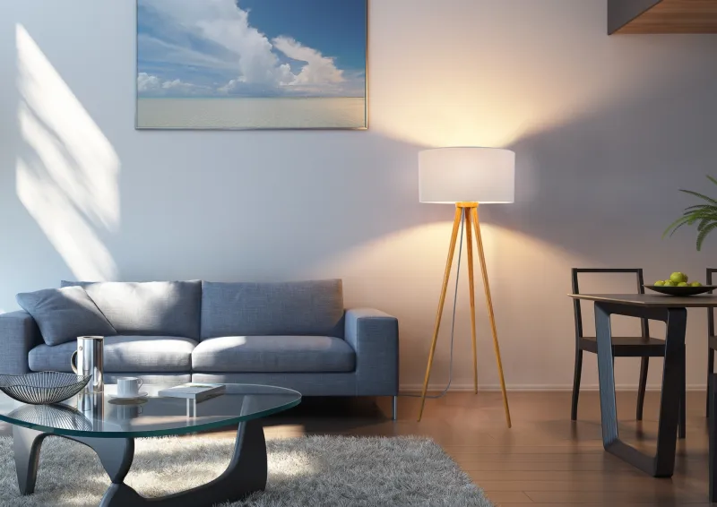 Stabilo Natur golvlampa från Globo Lighting - &nbsp;Den stilrena stommen i brunt tr&auml; tillsammans med den vita textilsk&auml;rmen skapar en harmonisk och tidl&ouml;s look som sm&auml;lter in i b&aring;de klassiska och moderna interi&ouml;rer.