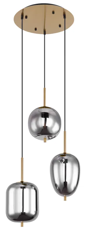 Blacky Ø46 Mässing taklampa från Globo Lighting - Den best&aring;r av en rund m&auml;ssingsf&auml;rgad metallplatta, fr&aring;n vilken tre svarta kablar med r&ouml;kf&auml;rgade glasglober i olika former h&auml;nger.