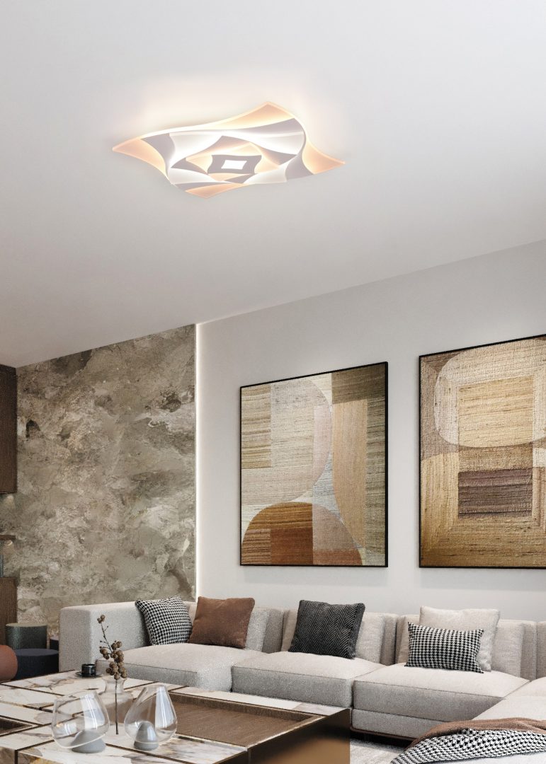 Akita 48cm Vit plafond från Trio Lighting - Den tidlösa färgskalan i vitt och mattvitt framhäver det unika ljusspelet och gör Akita till ett elegant inslag i varje rum.