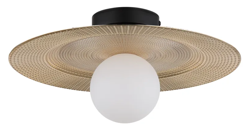 Riga Ø33 Guld plafond från Globo Lighting - Lampan &auml;r tillverkad av mattsvart metall och den platta sk&auml;rmen i plast med nyanser av svart, guld och opal ger den en modern och sofistikerad design.