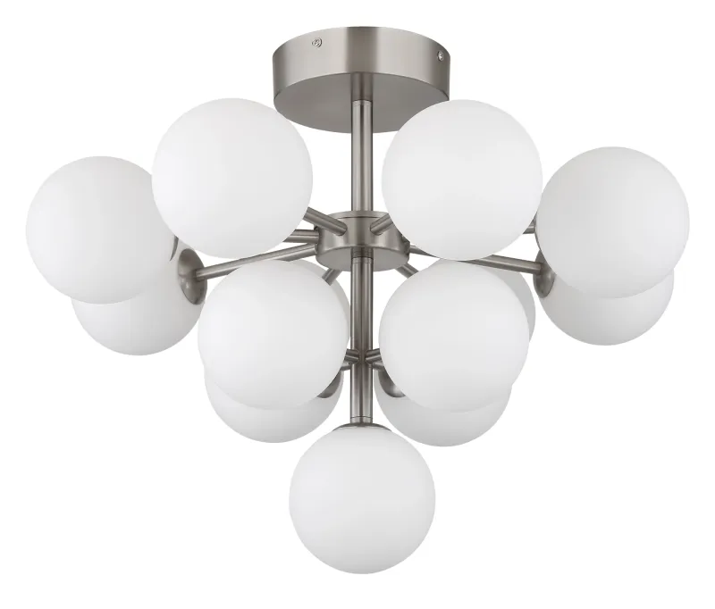 Grappy Ø56 Nickel plafond från Globo Lighting - Grappy plafond blir en stilfull och lyxig detalj i varje rum med sin glamor&ouml;sa design och de 13st opalf&auml;rgade glaskulorna.