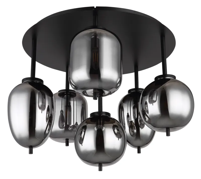 Blacky Ø63 Svart plafond från Globo Lighting - Lampan &auml;r utrustad med 6st r&ouml;kf&auml;rgade glaskupor i olika former, som h&auml;nger fr&aring;n taket p&aring; mattsvarta st&auml;nger f&auml;sta vid en matchande bas.