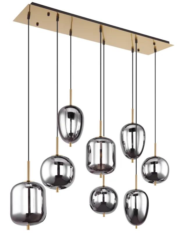 Blacky 102cm Mässing taklampa från Globo Lighting - Den 102,5 cm l&aring;nga pendellampan har en rektangul&auml;r m&auml;ssingsf&auml;rgad metallplatta, fr&aring;n denna h&auml;nger &aring;tta svarta kablar med runda, r&ouml;kf&auml;rgade glasglober i olika former.