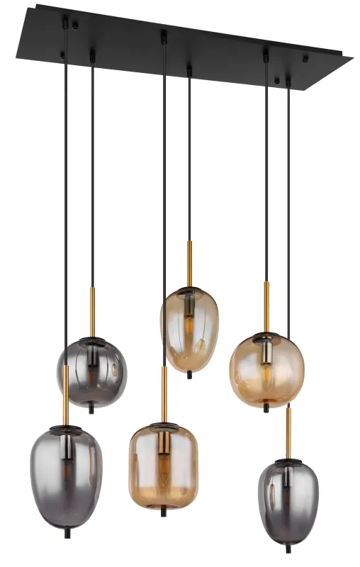 Blacky 80cm Amber taklampa från Globo Lighting - De sex r&ouml;k- och amberf&auml;rgade glasgloberna i olika former h&auml;nger fr&aring;n en svart, rektangul&auml;r takplatta och kan justeras upp till 120 cm fr&aring;n taket.