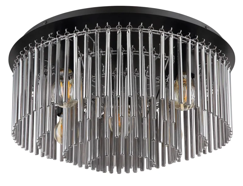 Gorley Ø50 Rökfärgad plafond från Globo Lighting - Dess design imponerar med en stilfull kombination av mattsvart metall, gl&auml;nsande krom och r&ouml;kf&auml;rgade glasstavar.