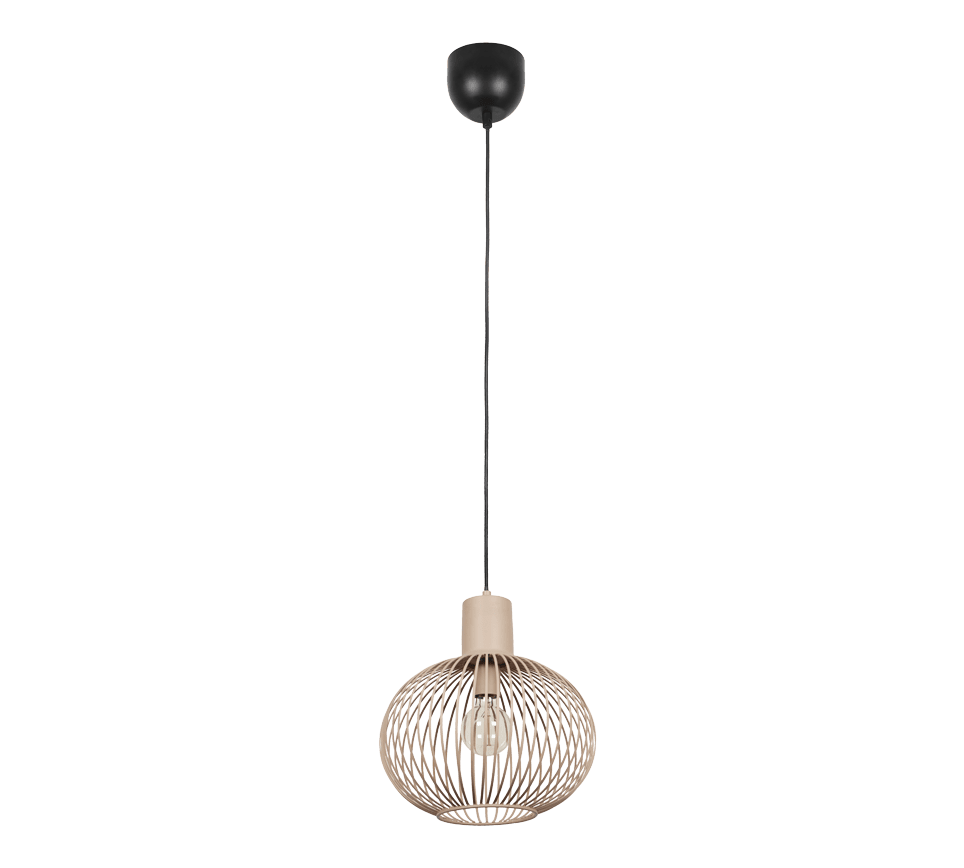 Gila Ø33 Sand taklampa från Trio Lighting - Den sf&auml;riska sk&auml;rmen i matt sandf&auml;rgad metall med tunna ribbor ger en l&auml;tt och modern k&auml;nsla samtidigt som den l&aring;ter ljuset spridas p&aring; ett vackert och inbjudande s&auml;tt.