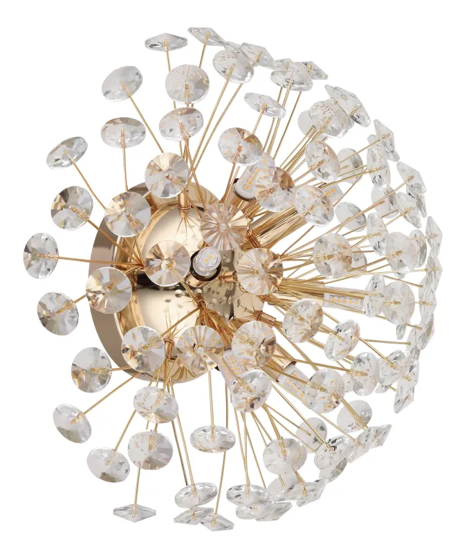 Katrina Ø40 Guld vägglampa från Globo Lighting - Den runda stommen i guldf&auml;rgad metall och den halvsf&auml;riska sk&auml;rmen i klara K9-kristaller skapar en lyxig och inbjudande atmosf&auml;r.