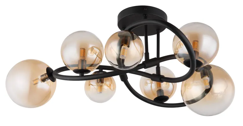 Tuberius Ø62 Amber plafond från Globo Lighting - Lampan &auml;r tillverkad av mattsvart metall och &auml;r smyckad med 7st glas i en&nbsp;mjuk b&auml;rnstensf&auml;rgad ton, vilket skapar en st&auml;mningsfull ljusspridning.