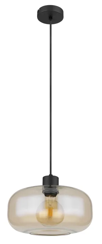 Giuseppe Ø28 Amber taklampa från Globo Lighting - Lampan &auml;r tillverkad av svart metall och har en vackert formad b&auml;rnstensf&auml;rgad glassk&auml;rm.