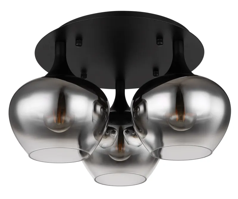 Maxy Ø45 Rökfärgad plafond från Globo Lighting - P&aring; en rund takplatta av matttsvart metall sitter tre vackert formade r&ouml;kf&auml;rgade glaskupor.