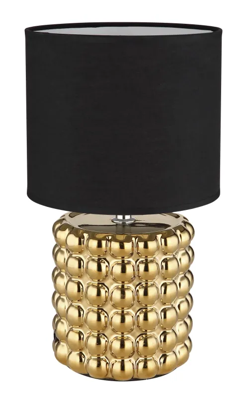 Valentino 33cm Guld bordslampa från Globo Lighting - P&aring; en cylinderformad fot i guldf&auml;rgad keramik vilar en stilren, svart textilsk&auml;rm.