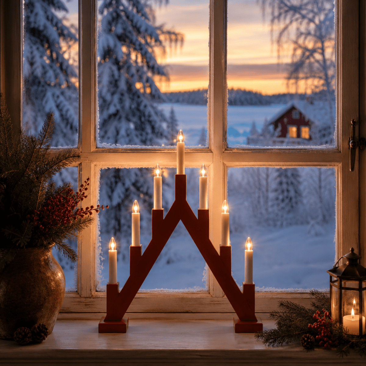 Ellen Röd från Pixie Design - Ellen &auml;r en klassisk ljusstake i tr&auml; med m&ouml;rkr&ouml;d finish och en dekorativ, spetsig form som f&ouml;r tankarna till traditionella adventsljusstakar.