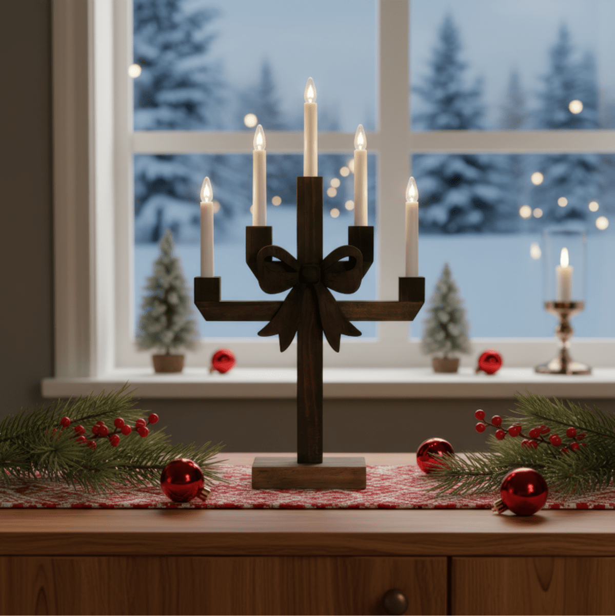 Kerstin Brunbets från Pixie Design - Kerstin &auml;r en dekorativ ljusstake av tr&auml; i m&ouml;rkbrun bets, utsmyckad med en stor rosett som ger den ett charmigt och lekfullt uttryck.