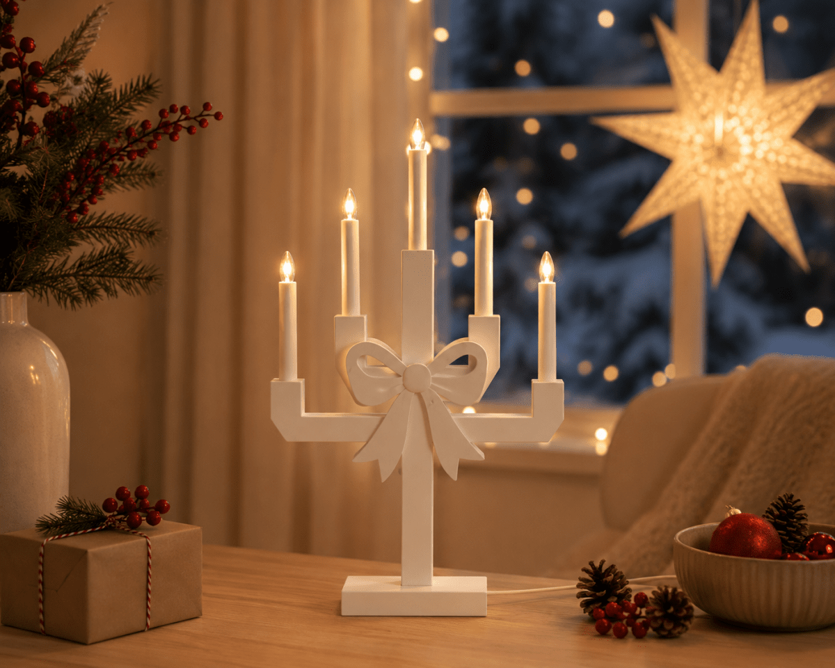 Kerstin Vit från Pixie Design - Kerstin &auml;r en dekorativ ljusstake i tr&auml;, m&aring;lad i vitt och utsmyckad med en stor rosett som ger den ett charmigt och lekfullt uttryck.