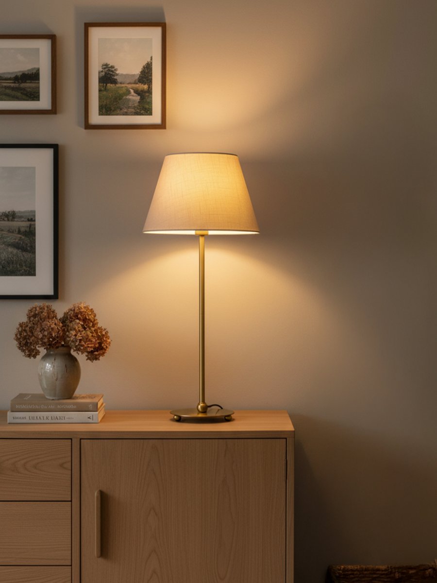 Julie 52cm Mässing/vit bordslampa från PR Home - Den har en vacker lampfot i m&auml;ssingfinish kombinerad med en vit, oval lampsk&auml;rm i klassisk form, vilket ger ett tidl&ouml;st och harmoniskt uttryck.