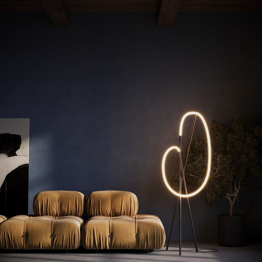 Crochet Svart golvlampa från Maytoni - Ljusstyrkan justeras enkelt med den inbyggda dimmern i golvbrytaren &ndash; en perfekt kombination av form, funktion och atmosf&auml;r.