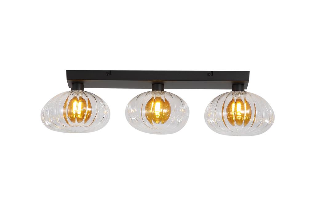 Sunbeam 52cm Transparent/svart vägglampa från Searchlight - De runda, ribbade sk&auml;rmarna i transparent glas har en vackert b&auml;rnstensf&auml;rgad kupa inuti som skapar liv och struktur, samtidigt som ljuset sprids mjukt och behagligt i rummet.