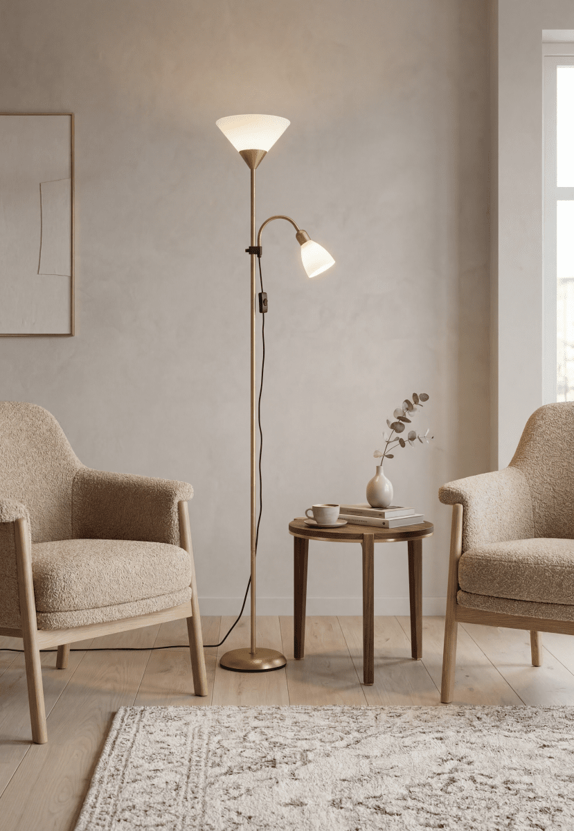 Vigo Mässing golvlampa från Aneta Lighting - Stommen i metall har en matt m&auml;ssingsfinish och kompletteras av vita kupor i plast f&ouml;r ett ljust och tidl&ouml;st uttryck.