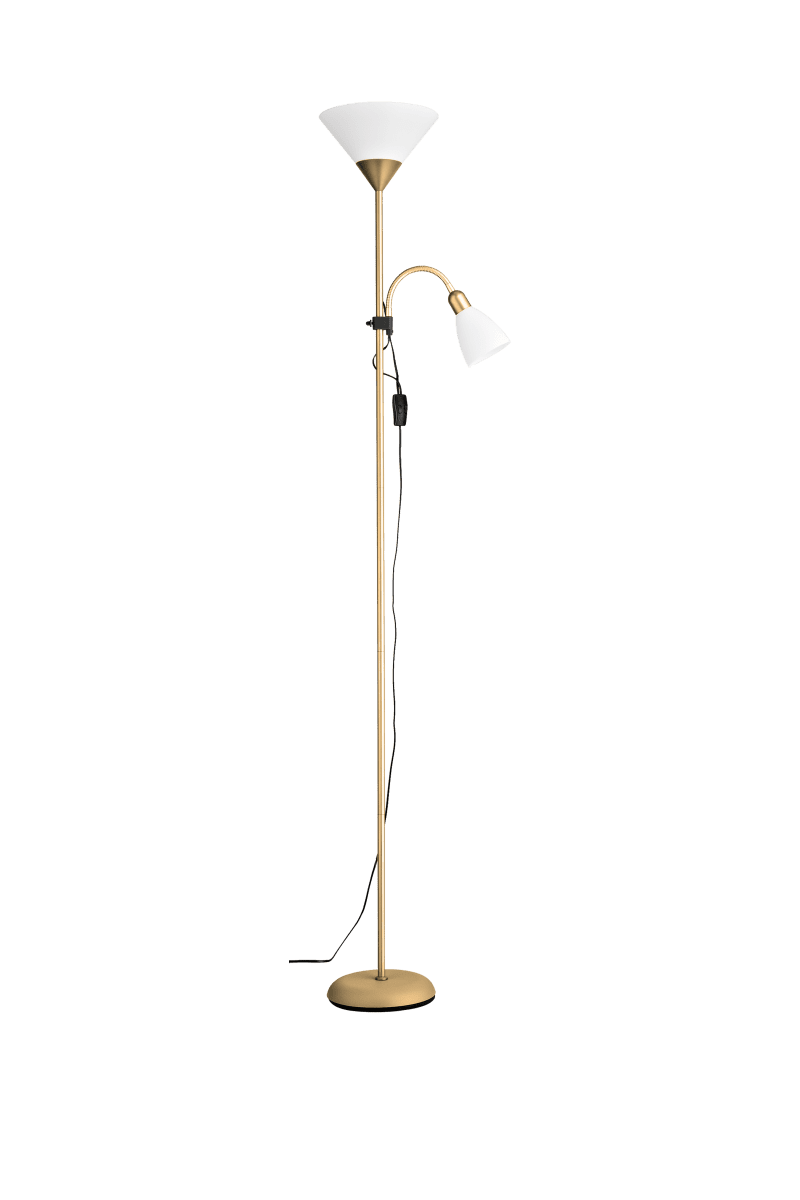 Vigo Mässing golvlampa från Aneta Lighting - Stommen i metall har en matt m&auml;ssingsfinish och kompletteras av vita kupor i plast f&ouml;r ett ljust och tidl&ouml;st uttryck.