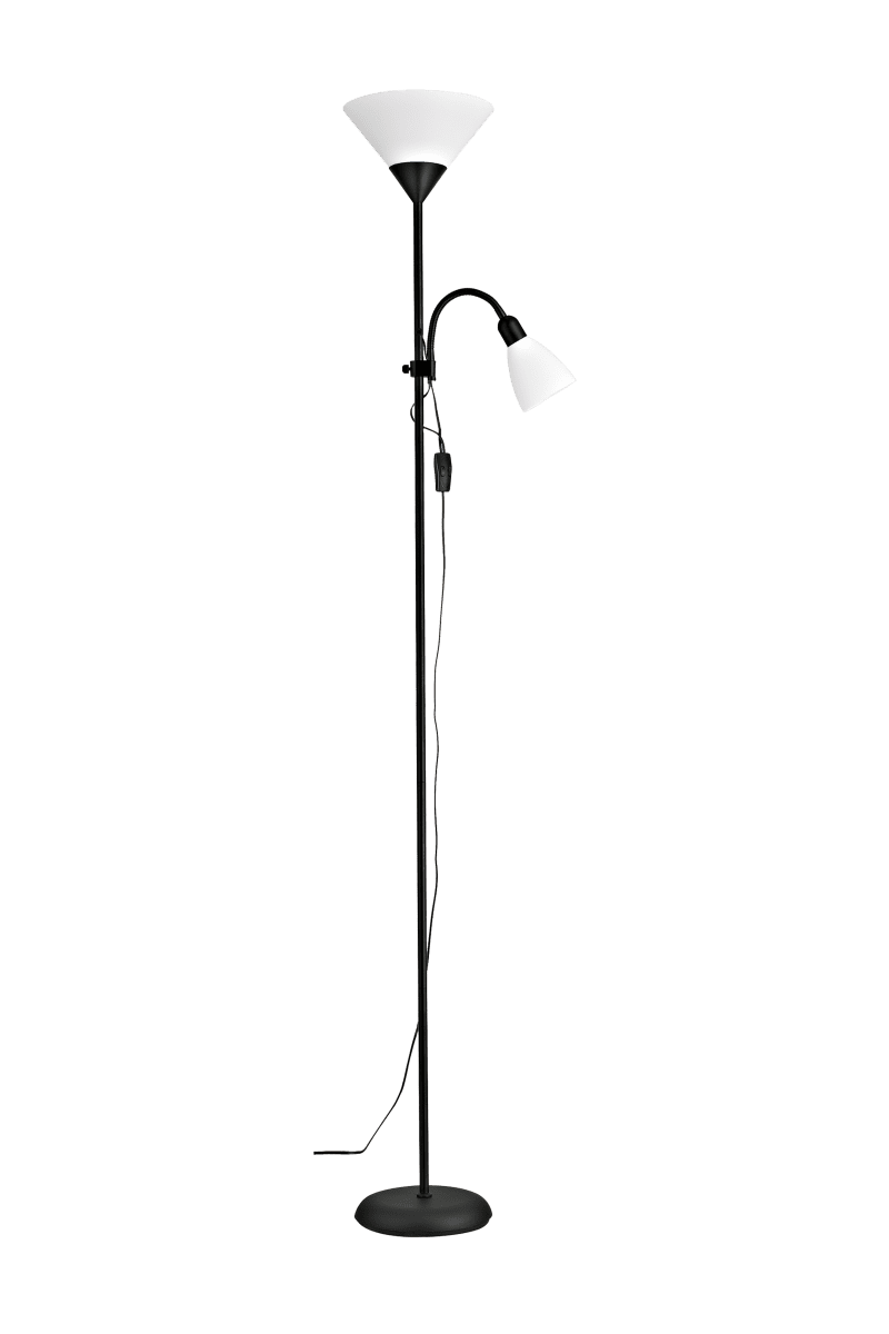 Zoom bild av Vigo Svart golvlampa från Aneta Lighting - Stommen i metall har en svart finish och kompletteras av vita kupor i plast f&ouml;r ett ljust och tidl&ouml;st uttryck.