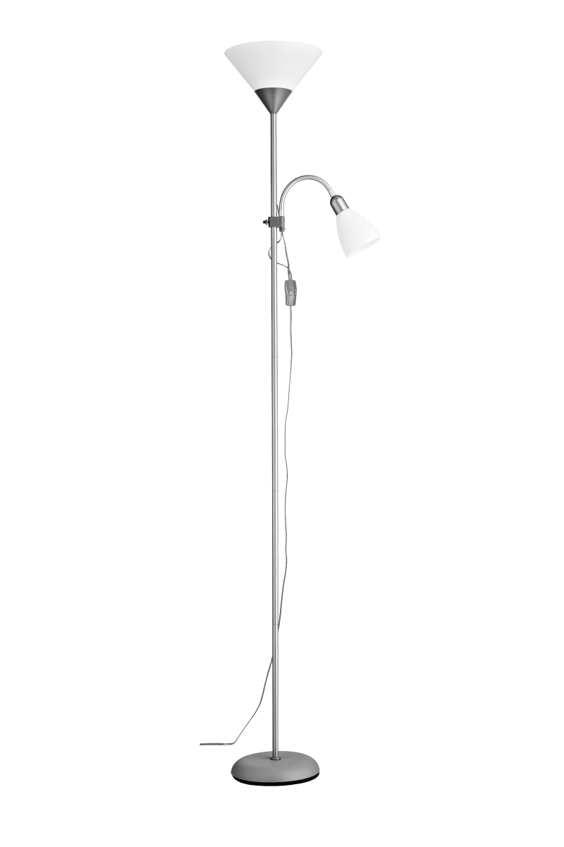 Zoom bild av Vigo Silver golvlampa från Aneta Lighting - Stommen i metall har en matt silverfinish och kompletteras av vita kupor i plast f&ouml;r ett ljust och tidl&ouml;st uttryck.