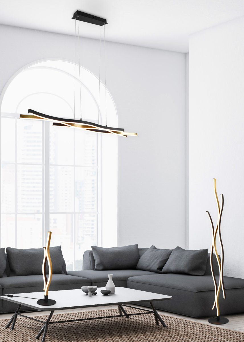Blaze 107cm Mässing taklampa från Trio Lighting - Den stilrena kombinationen av matt mässing och mattsvart ger Blaze en tidlös och sofistikerad look.