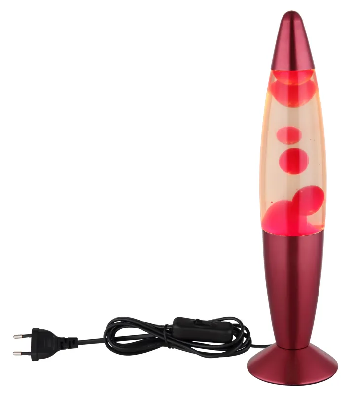 Etna Röd barnlampa från Globo Lighting - Etna &auml;r en fascinerande lavalampa med klar v&auml;tska och r&ouml;tt vax som sm&auml;lter l&aring;ngsamt och skapar hypnotiska ljuseffekter.