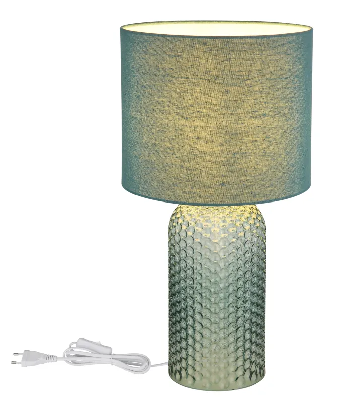 Sofia 50cm Grön bordslampa från Globo Lighting - Bordslampan Sofia imponerar med sin eleganta kombination av en texturerad glaskropp och en cylindrisk textilsk&auml;rm i lyxig gr&ouml;n ton.