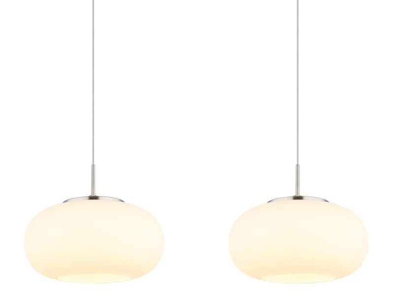 Quintara 110cm Nickel taklampa från Globo Lighting - Quintara&nbsp;&auml;r en stilren och modern takpendel med en rak metallram och fyra runda, sf&auml;riska glaskupor.