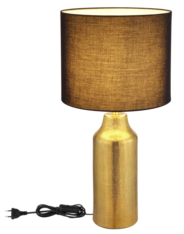 Elden 60cm Guld bordslampa från Globo Lighting - Den guldf&auml;rgade keramiska basen i kombination med den svarta cylindriska textilsk&auml;rmen skapar en sofistikerad kontrast och blir en stilfull inredningsdetalj.