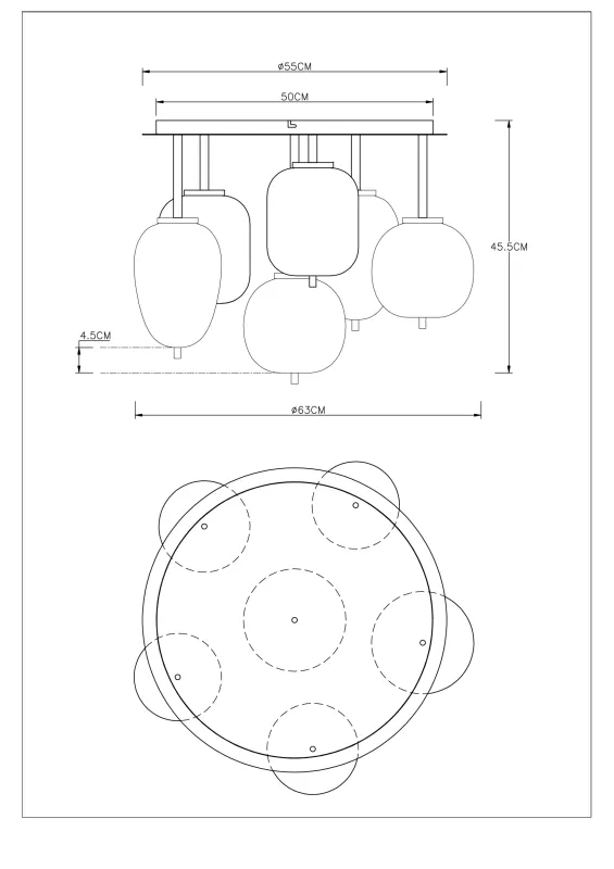 Blacky Ø63 Mässing plafond från Globo Lighting - Lampan &auml;r utrustad med 6st r&ouml;kf&auml;rgade glaskupor i olika former, som h&auml;nger fr&aring;n taket p&aring; mattsvarta st&auml;nger f&auml;sta vid en m&auml;ssingsf&auml;rgad bas.