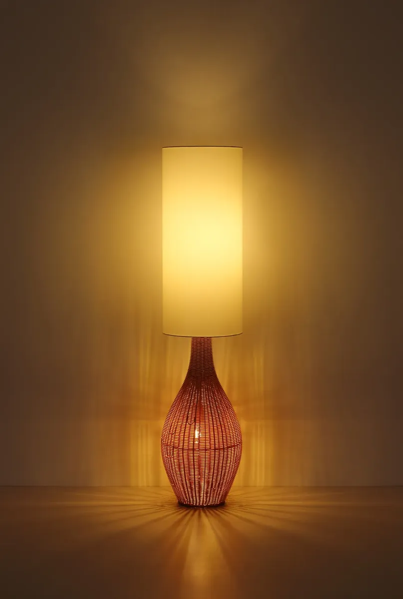 Anko Brun golvlampa från Globo Lighting - Den rundade designen i plast med en dekorativ rottinglook ger en naturlig charm, medan den vita textilsk&auml;rmen sprider ett mjukt och behagligt ljus.