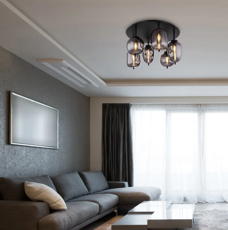 Blacky Ø63 Svart plafond från Globo Lighting - Lampan &auml;r utrustad med 6st r&ouml;kf&auml;rgade glaskupor i olika former, som h&auml;nger fr&aring;n taket p&aring; mattsvarta st&auml;nger f&auml;sta vid en matchande bas.