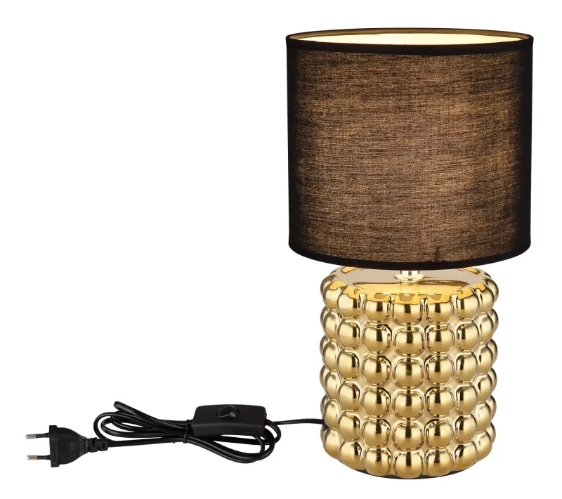 Valentino 33cm Guld bordslampa från Globo Lighting - P&aring; en cylinderformad fot i guldf&auml;rgad keramik vilar en stilren, svart textilsk&auml;rm.