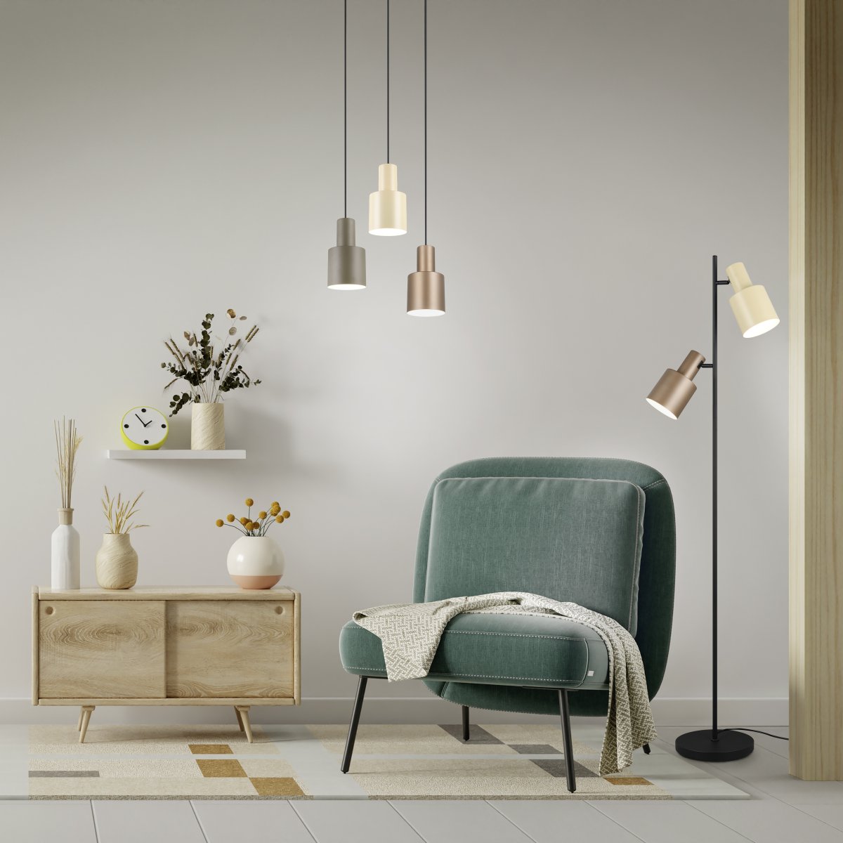Agudo Brun golvlampa från Trio Lighting - Med sina tv&aring; riktbara lampsk&auml;rmar i harmoniska f&auml;rger &ndash; coffee och ljusbrun &ndash; skapar den en varm och inbjudande atmosf&auml;r i rummet.